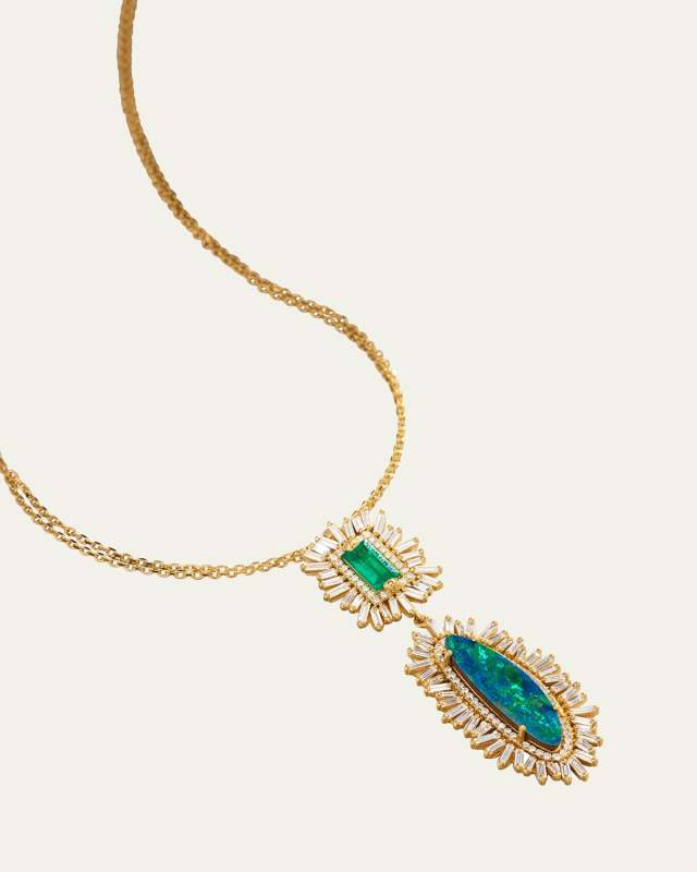 18K Yellow Gold One Of A Kind Emerald and Opal Drop Necklace with White Diamonds